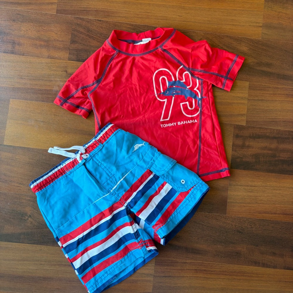Tommy Bahama Kids 2T Red Rash Guard and Blue Striped‎ Swim Trunks Set